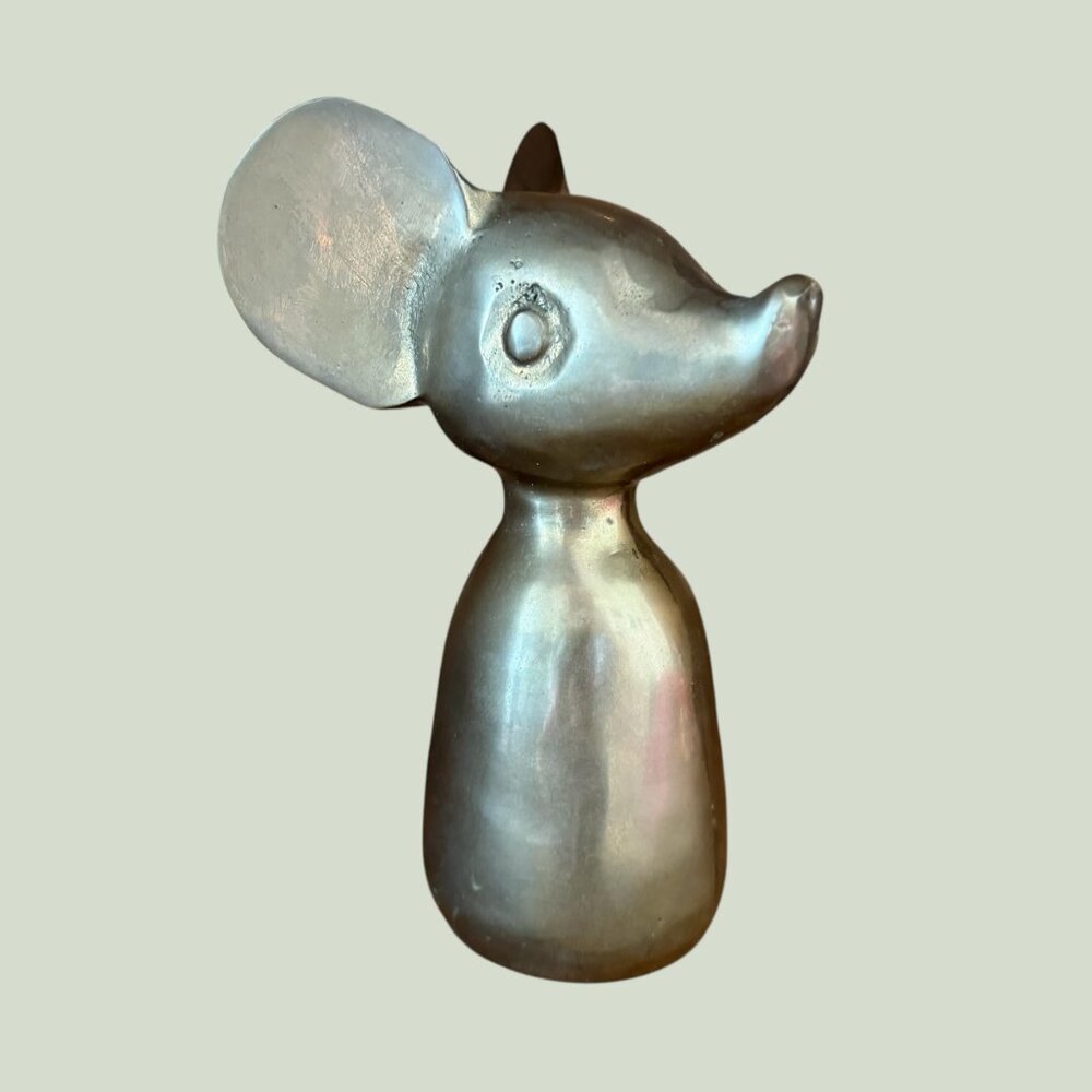 Vintage MCM Solid Brass Big Eared Mouse Minimalist Figurine Paperweight